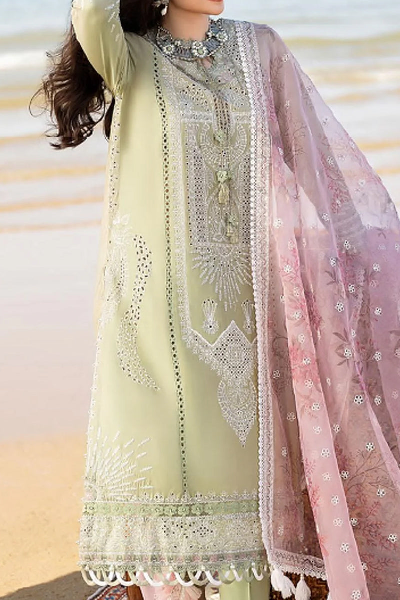 3 Piece Unstitched Embroidered Tea Green Lawn Suit-2
