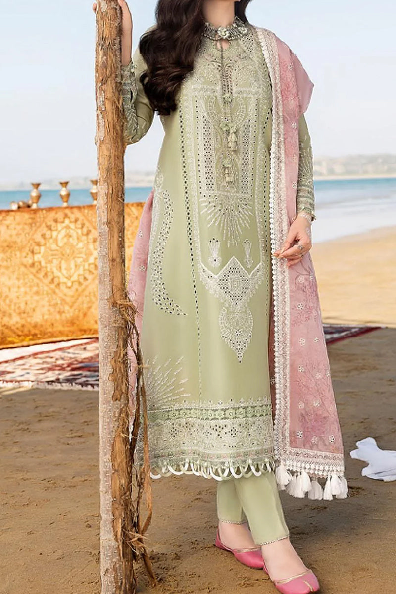 3 Piece Unstitched Embroidered Tea Green Lawn Suit-2