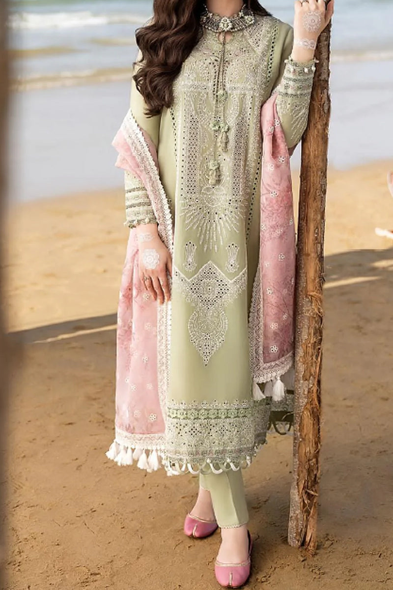 3 Piece Unstitched Embroidered Tea Green Lawn Suit-2