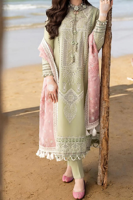 3 Piece Unstitched Embroidered Tea Green Lawn Suit-2