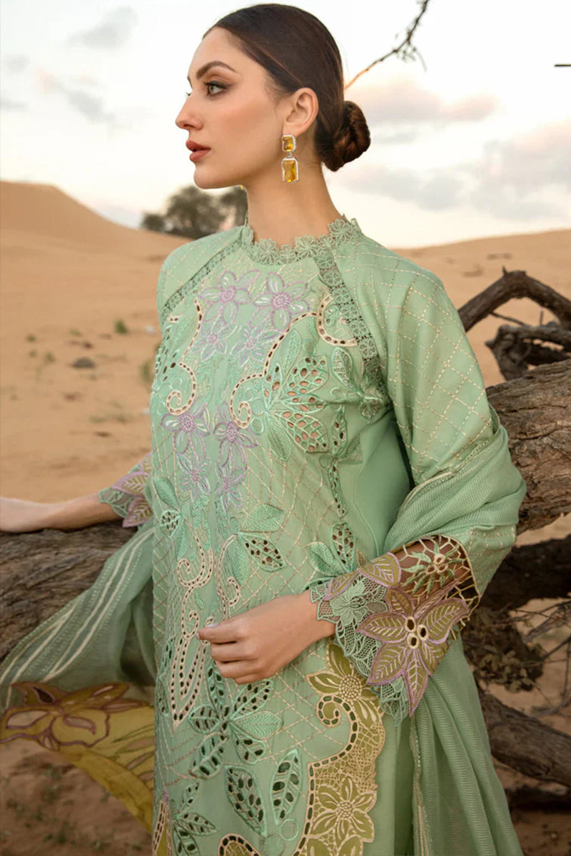 3 Piece Unstitched Embroidered Tea Green Lawn Suit-3