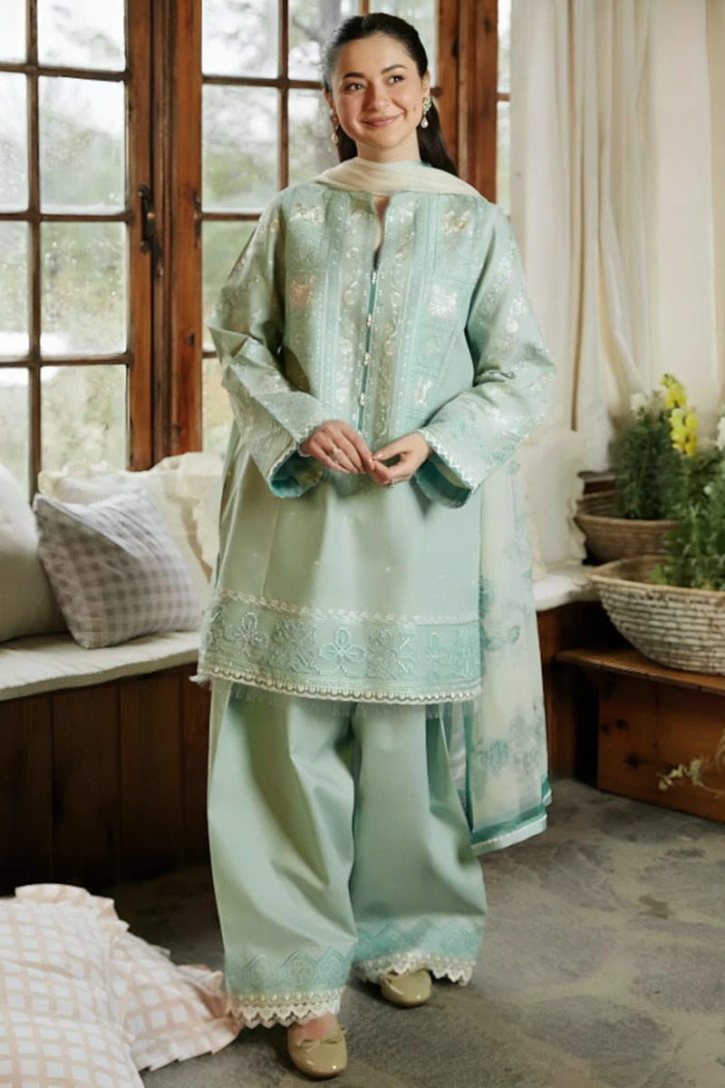 3 Piece Unstitched Embroidered Tea Green Lawn Suit-4