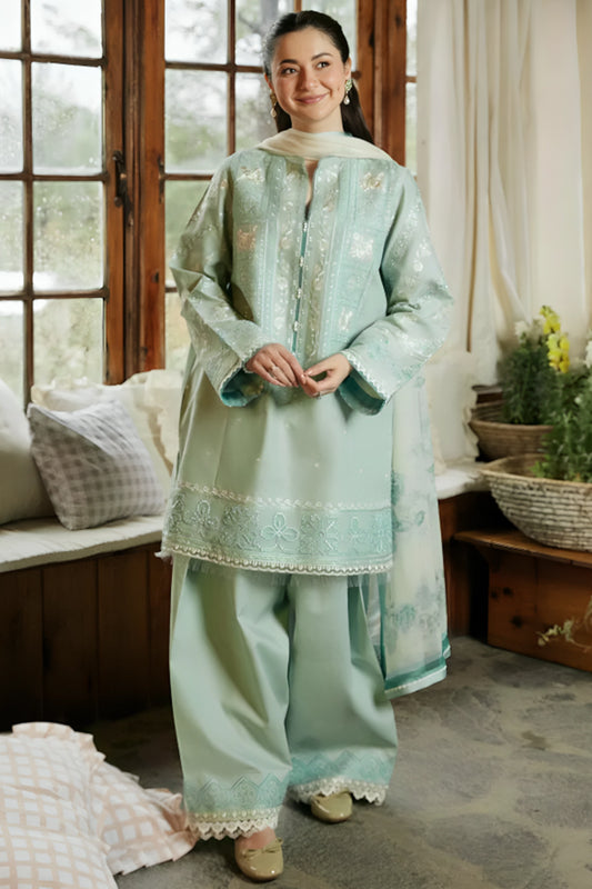 3 Piece Unstitched Embroidered Tea Green Lawn Suit-4