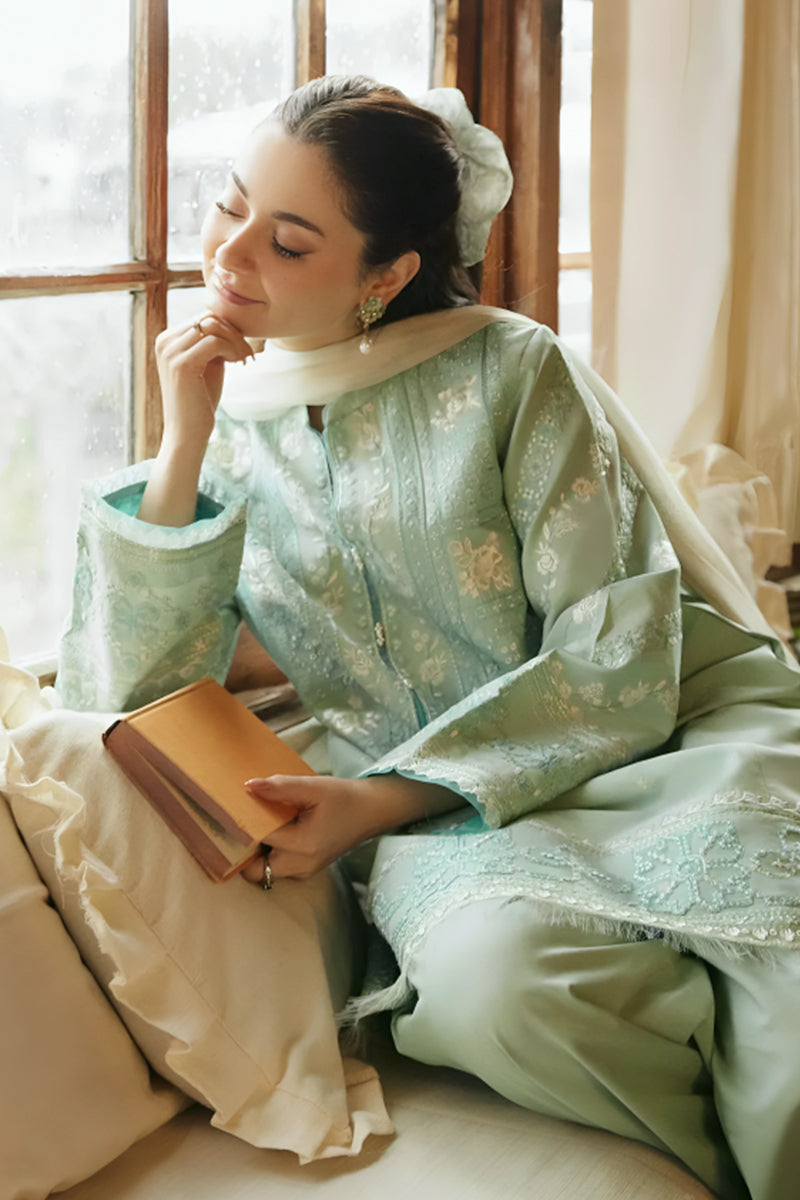 3 Piece Unstitched Embroidered Tea Green Lawn Suit-4