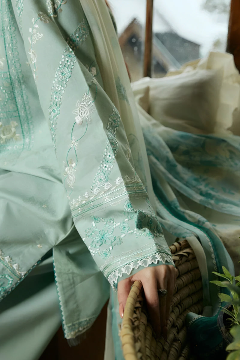 3 Piece Unstitched Embroidered Tea Green Lawn Suit-4