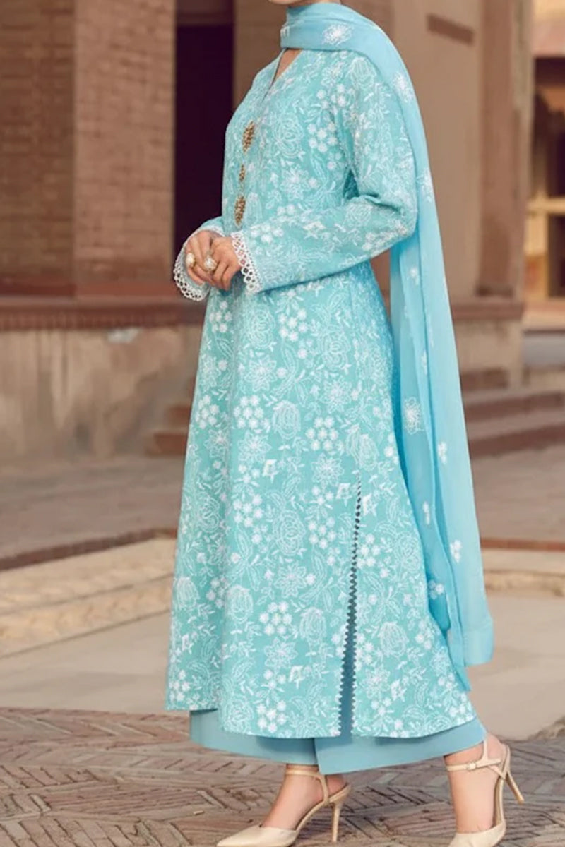 Light blue embroidered traditional outfit with a matching dupatta on a blurred background