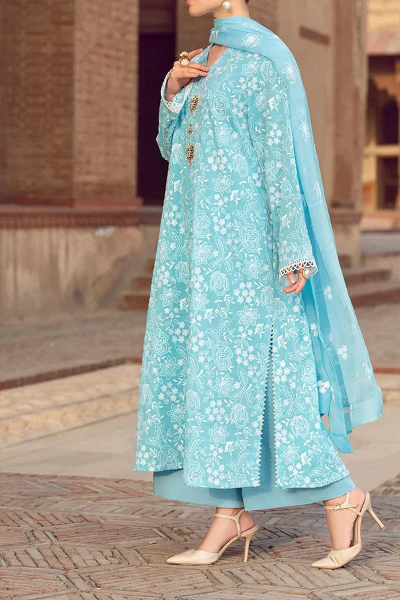 Person wearing a light blue embroidered traditional outfit with a matching dupatta.