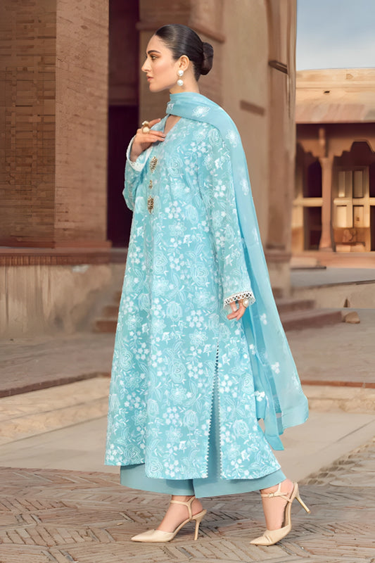 3 Piece Unstitched Embroidered Turquoise Blue Lawn Suit-1