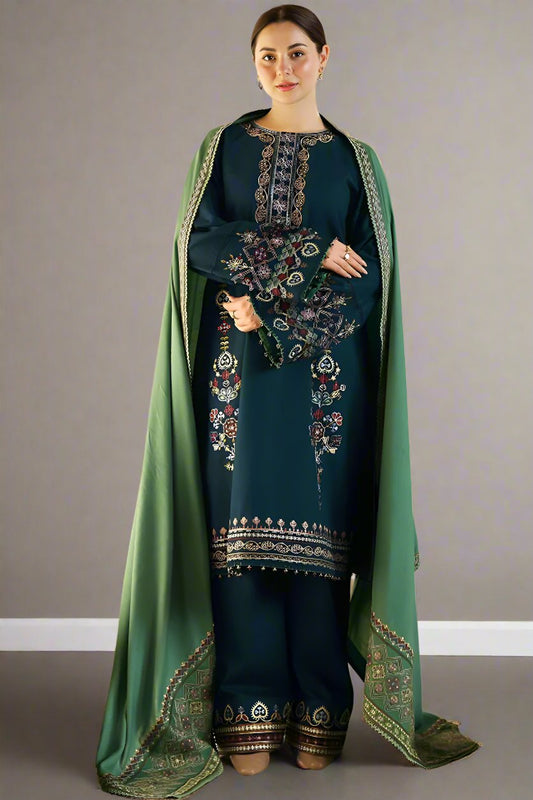 3 Piece Unstitched Embroidered Zinc Green Dhanak Marina Suit with Shawl-1