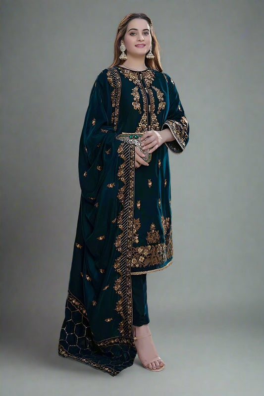 3 Piece Unstitched Embroidered Zinc Green Velvet Suit with Shawl-1