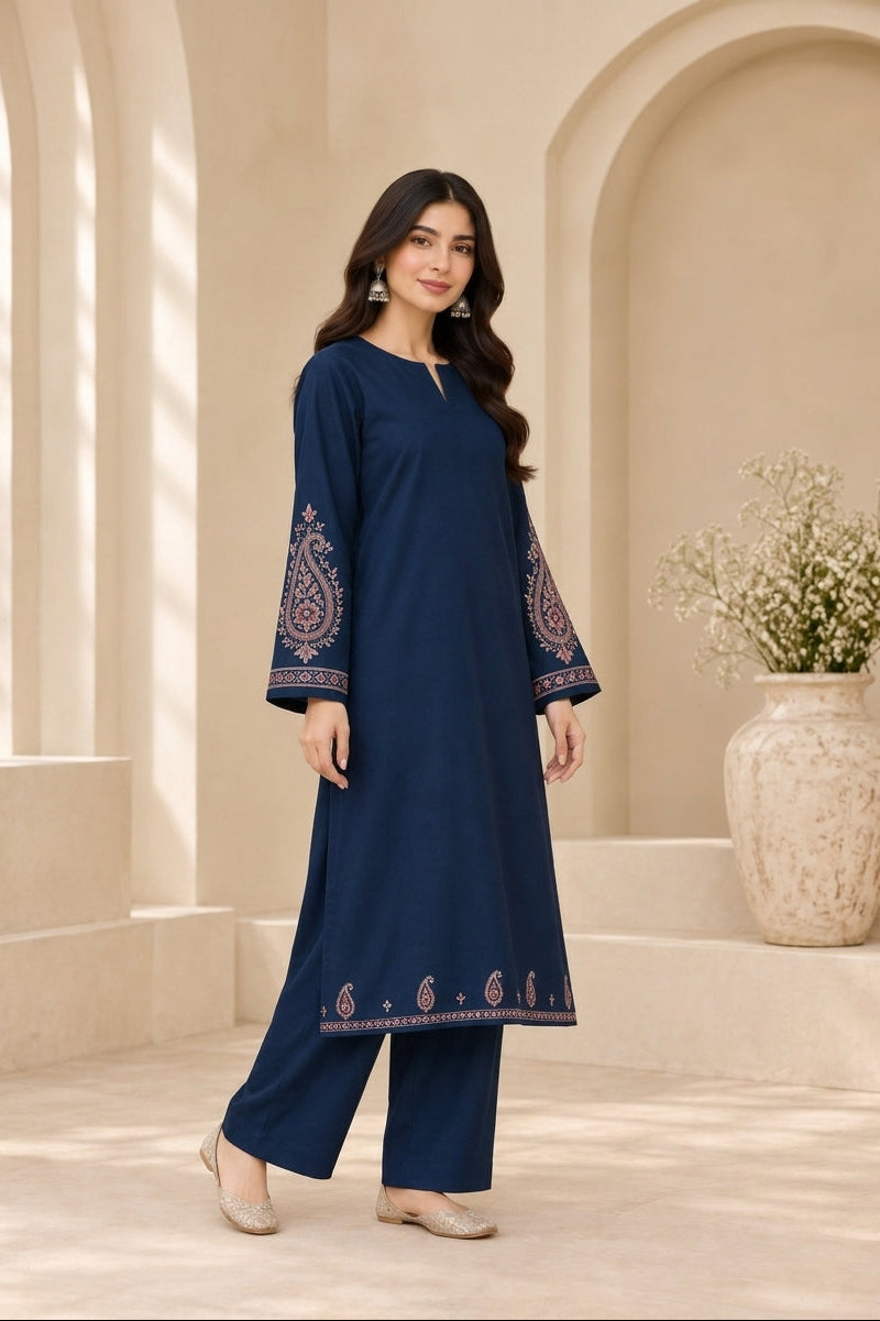Midnight Paisley 2-Piece Embroidered Navy Dhanak Marina Suit