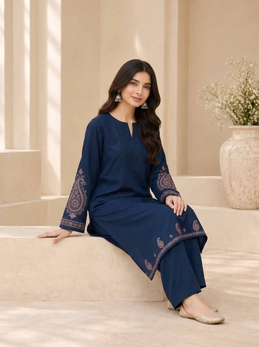 Midnight Paisley 2-Piece Embroidered Navy Dhanak Marina Suit