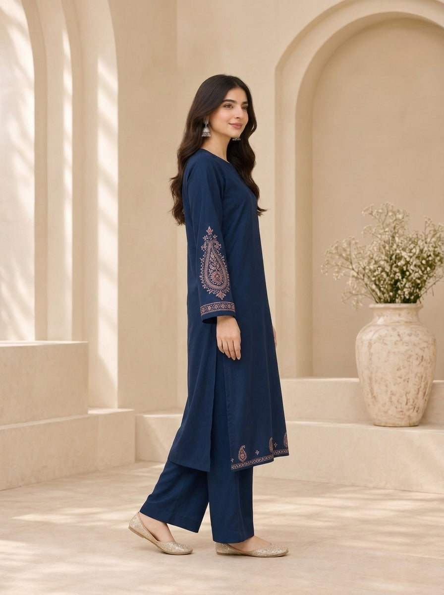 Midnight Paisley 2-Piece Embroidered Navy Dhanak Marina Suit