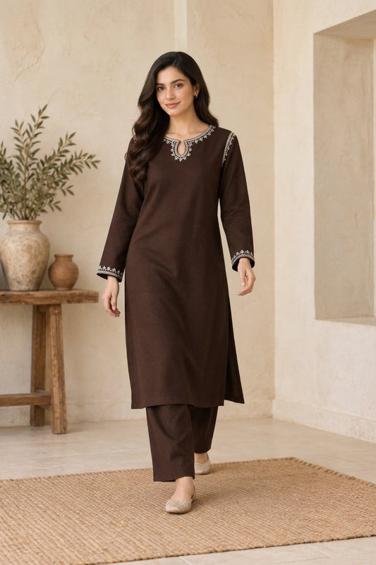 Cocoa Vine 2-Piece Embroidered Brown Dhanak Marina Suit