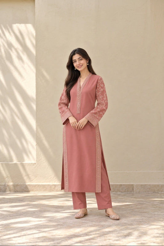 Rose Paisley – 2 Piece Embroidered Pink Dhanak Marina Suit