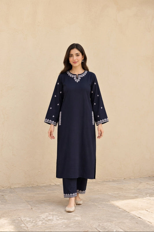 Midnight Bloom – 2 Piece Embroidered Navy Dhanak Marina Suit