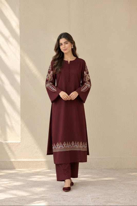 Wine Heritage – 2 Piece Embroidered Maroon Dhanak Marina Suit