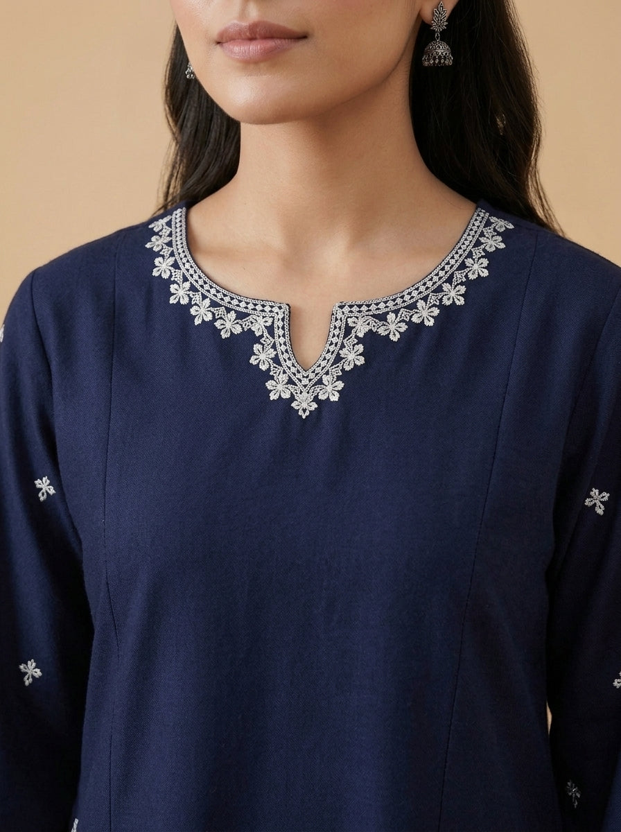 Midnight Bloom – 2 Piece Embroidered Navy Dhanak Marina Suit
