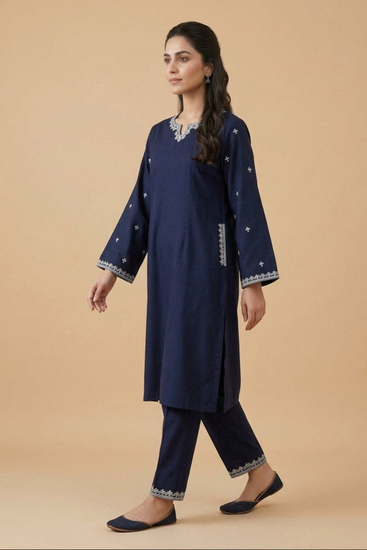 Midnight Bloom – 2 Piece Embroidered Navy Dhanak Marina Suit