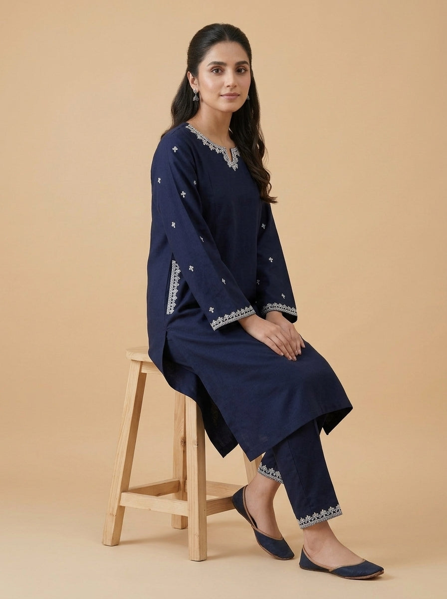 Midnight Bloom – 2 Piece Embroidered Navy Dhanak Marina Suit