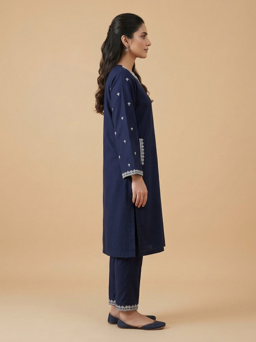 Midnight Bloom – 2 Piece Embroidered Navy Dhanak Marina Suit