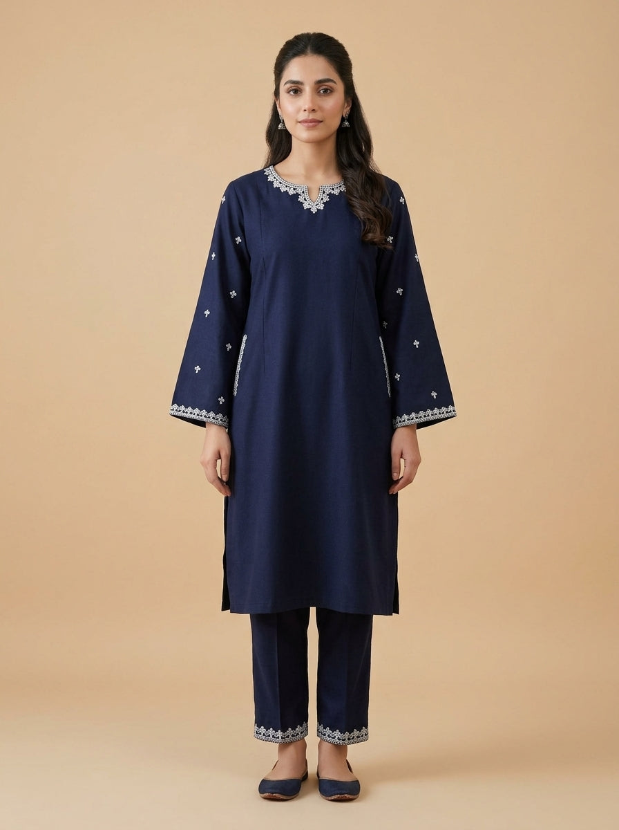 Midnight Bloom – 2 Piece Embroidered Navy Dhanak Marina Suit