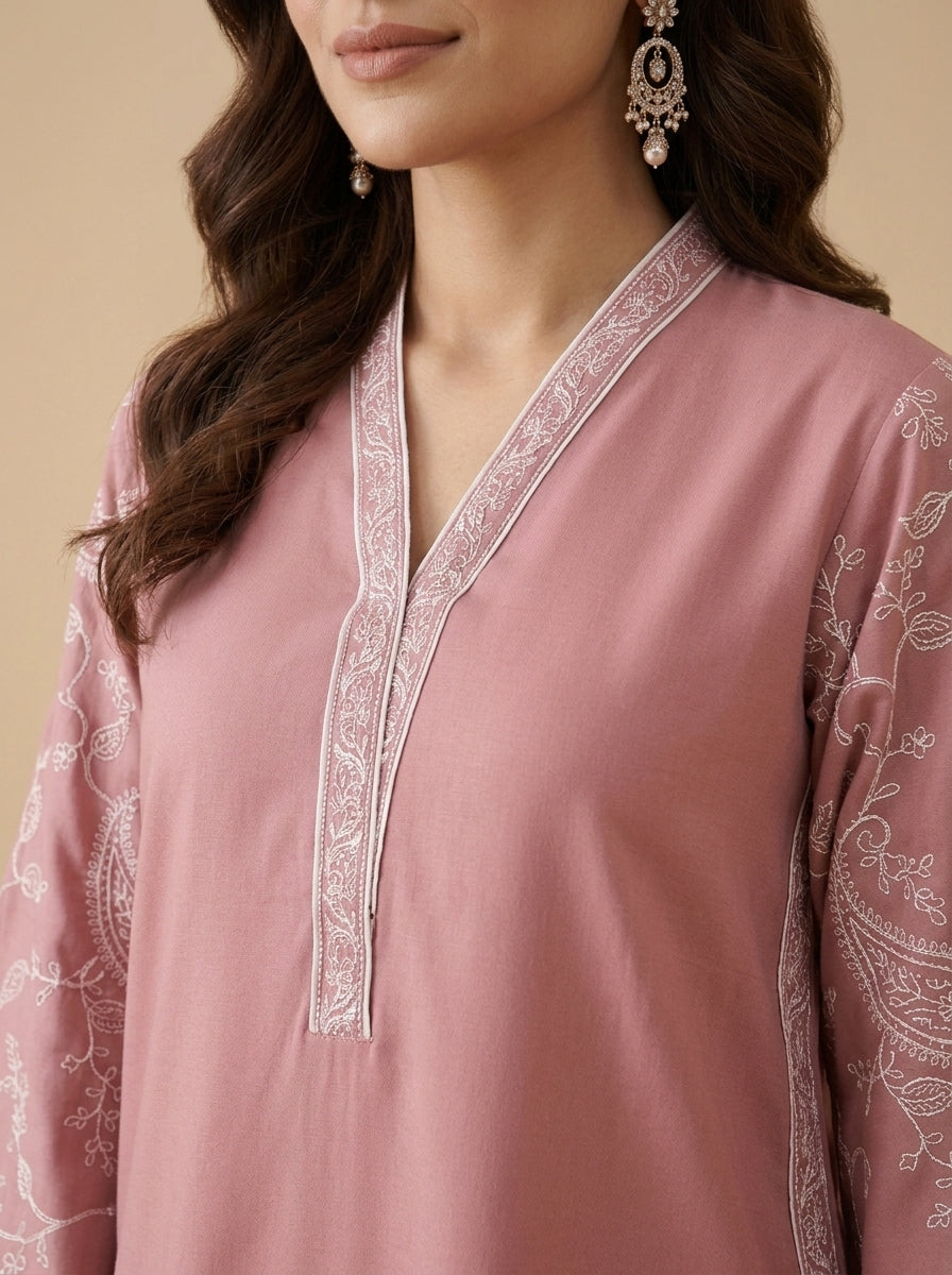 Rose Paisley – 2 Piece Embroidered Pink Dhanak Marina Suit