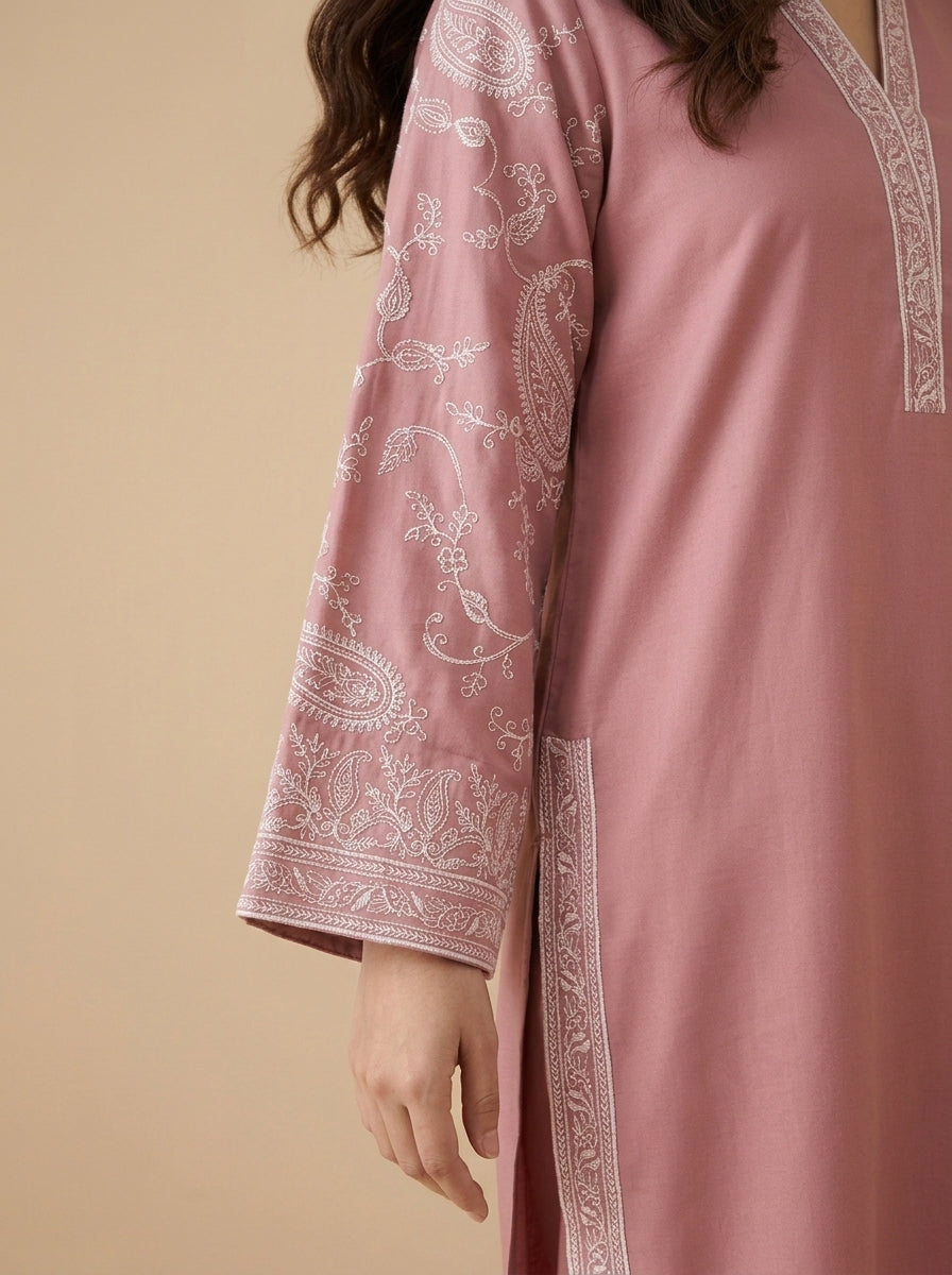 Rose Paisley – 2 Piece Embroidered Pink Dhanak Marina Suit