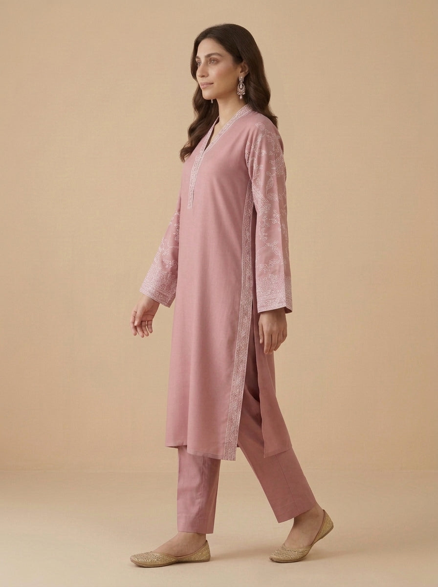 Rose Paisley – 2 Piece Embroidered Pink Dhanak Marina Suit