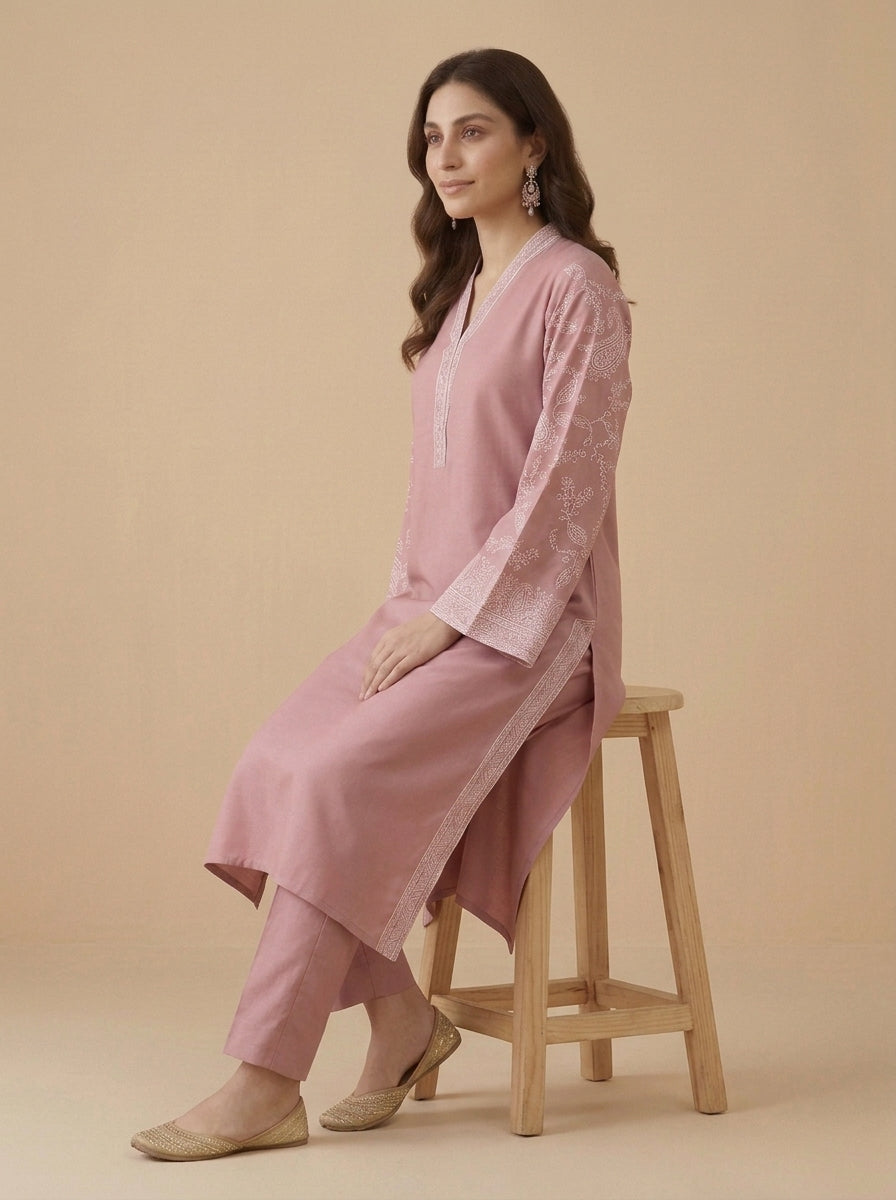 Rose Paisley – 2 Piece Embroidered Pink Dhanak Marina Suit