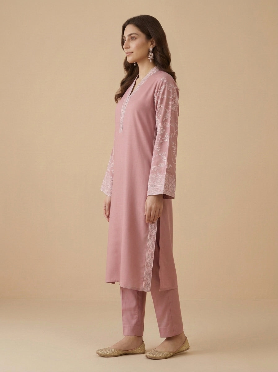 Rose Paisley – 2 Piece Embroidered Pink Dhanak Marina Suit