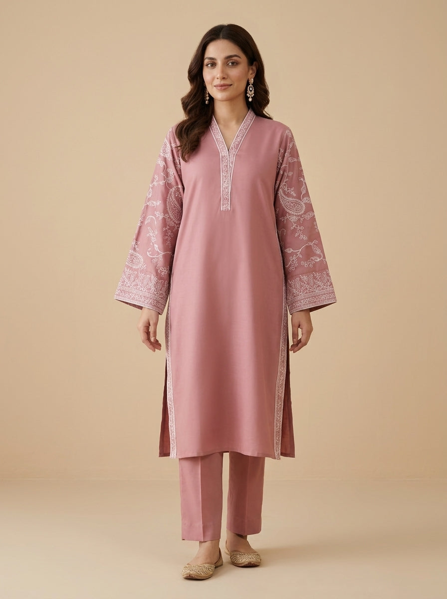 Rose Paisley – 2 Piece Embroidered Pink Dhanak Marina Suit