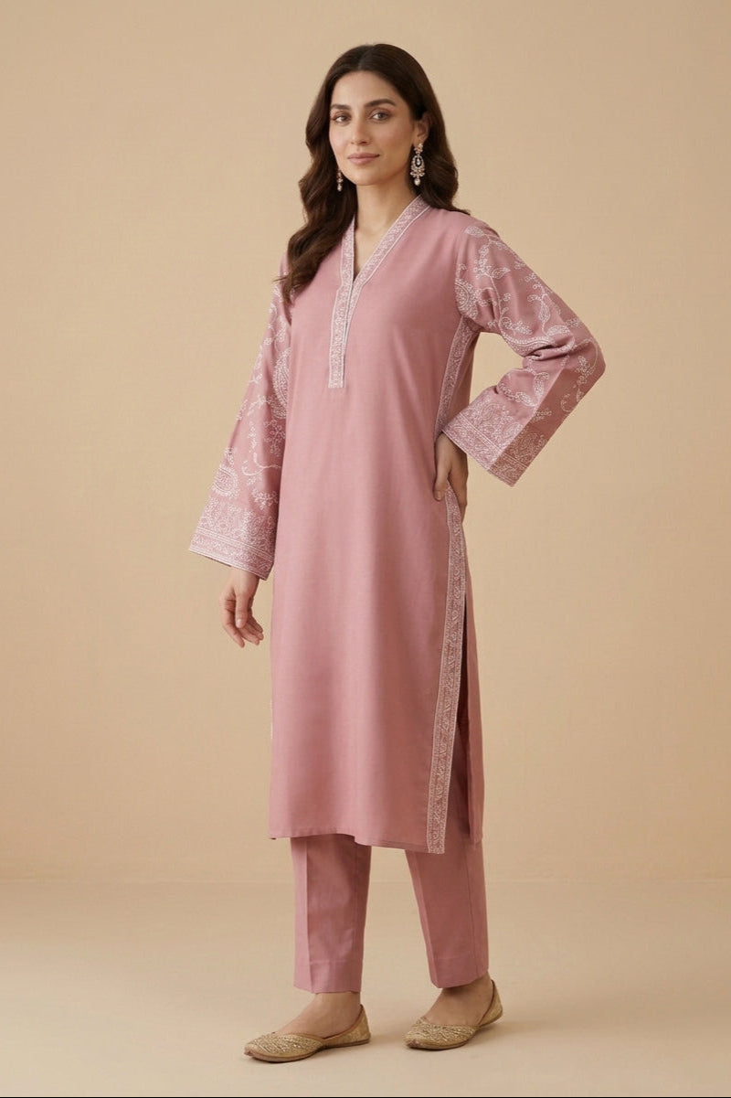Rose Paisley – 2 Piece Embroidered Pink Dhanak Marina Suit