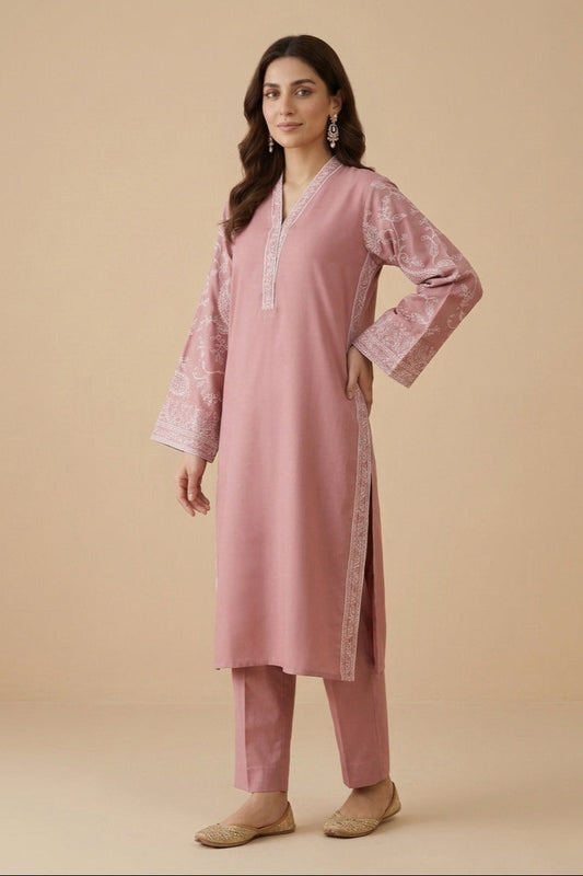 Rose Paisley – 2 Piece Embroidered Pink Dhanak Marina Suit