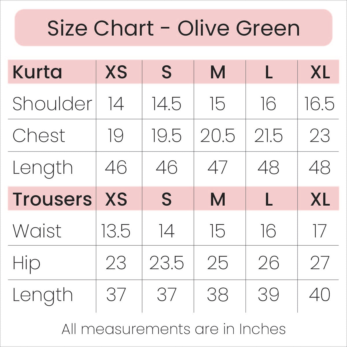 Size Chart - Olive Green