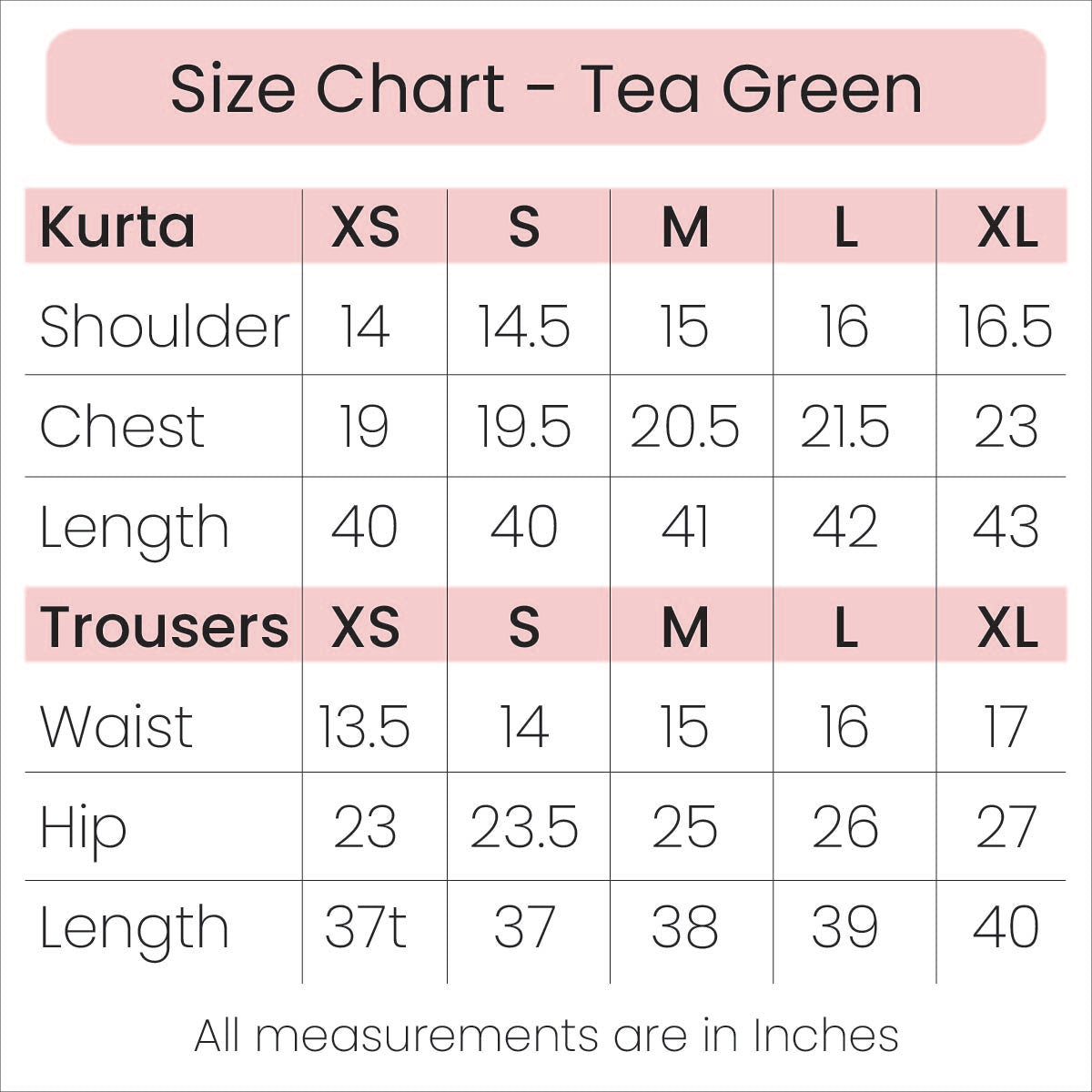 Size Chart - Tea Green