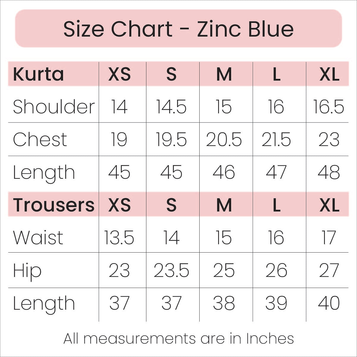 Size Chart - Zinc Blue