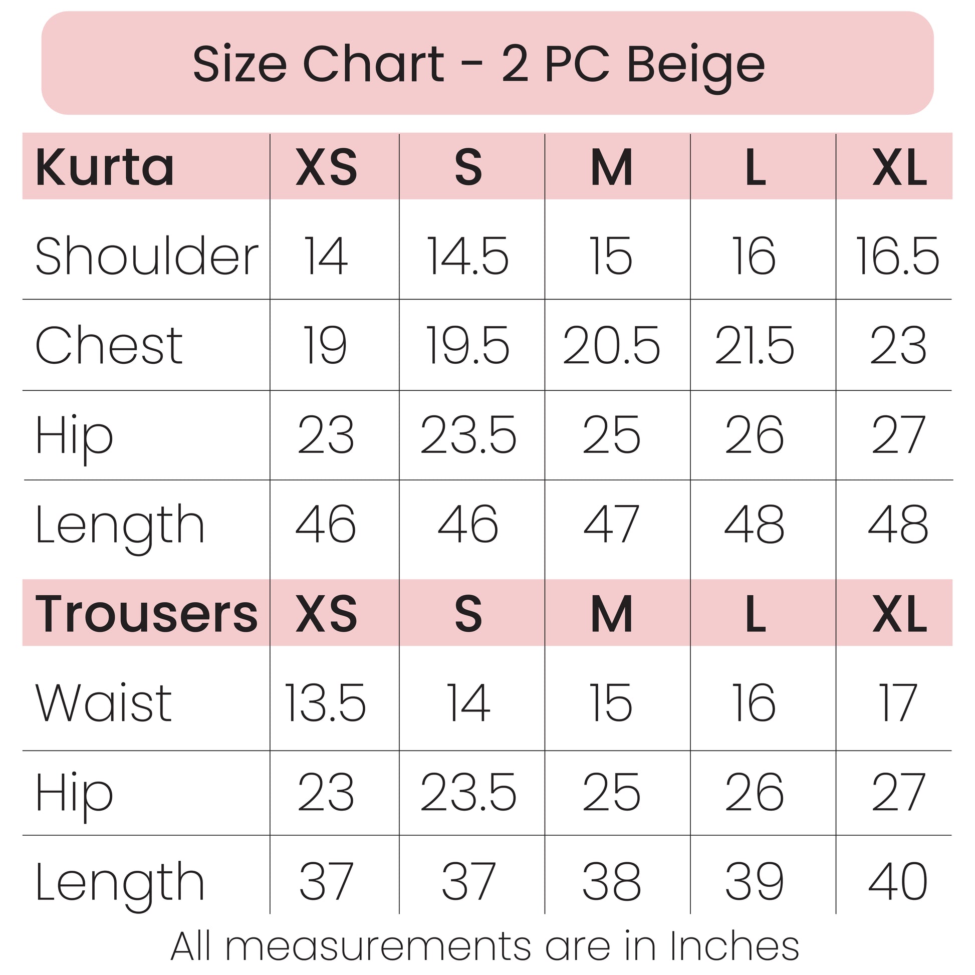 Size Chart - 2 PC Beige
