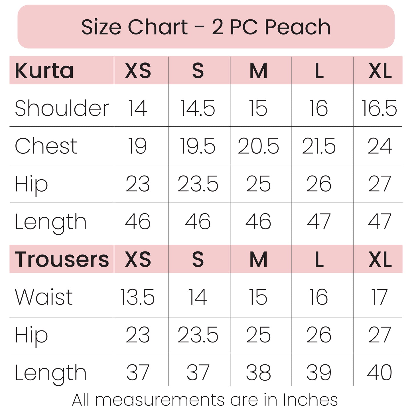 Size Chart - 2 PC Peach