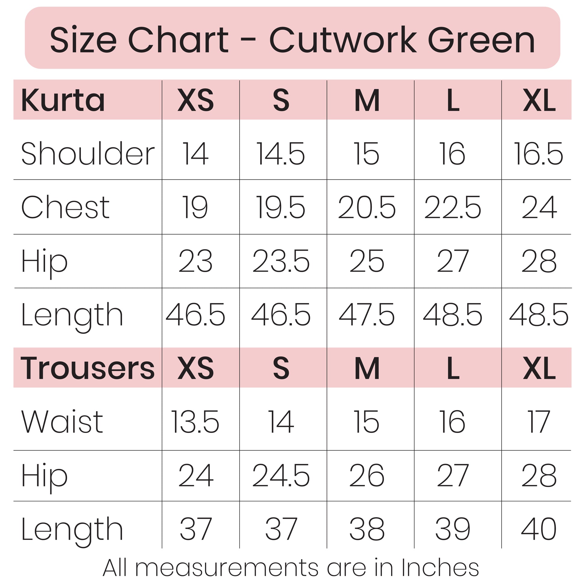 Size Chart - Cutwork Green