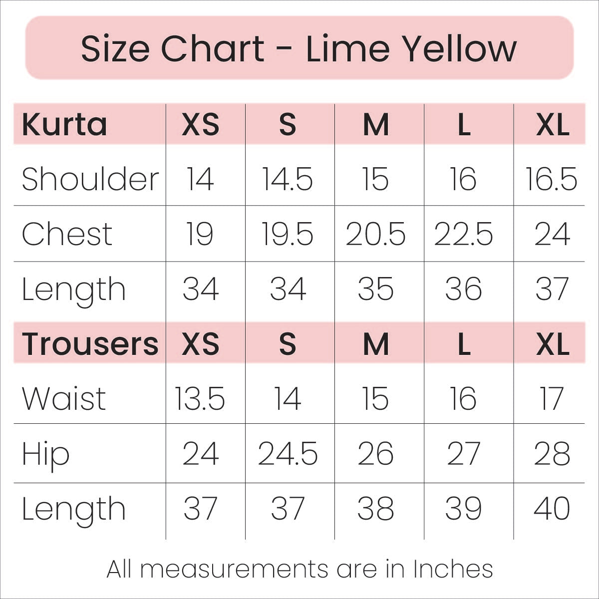 Size Chart - Lime Yellow