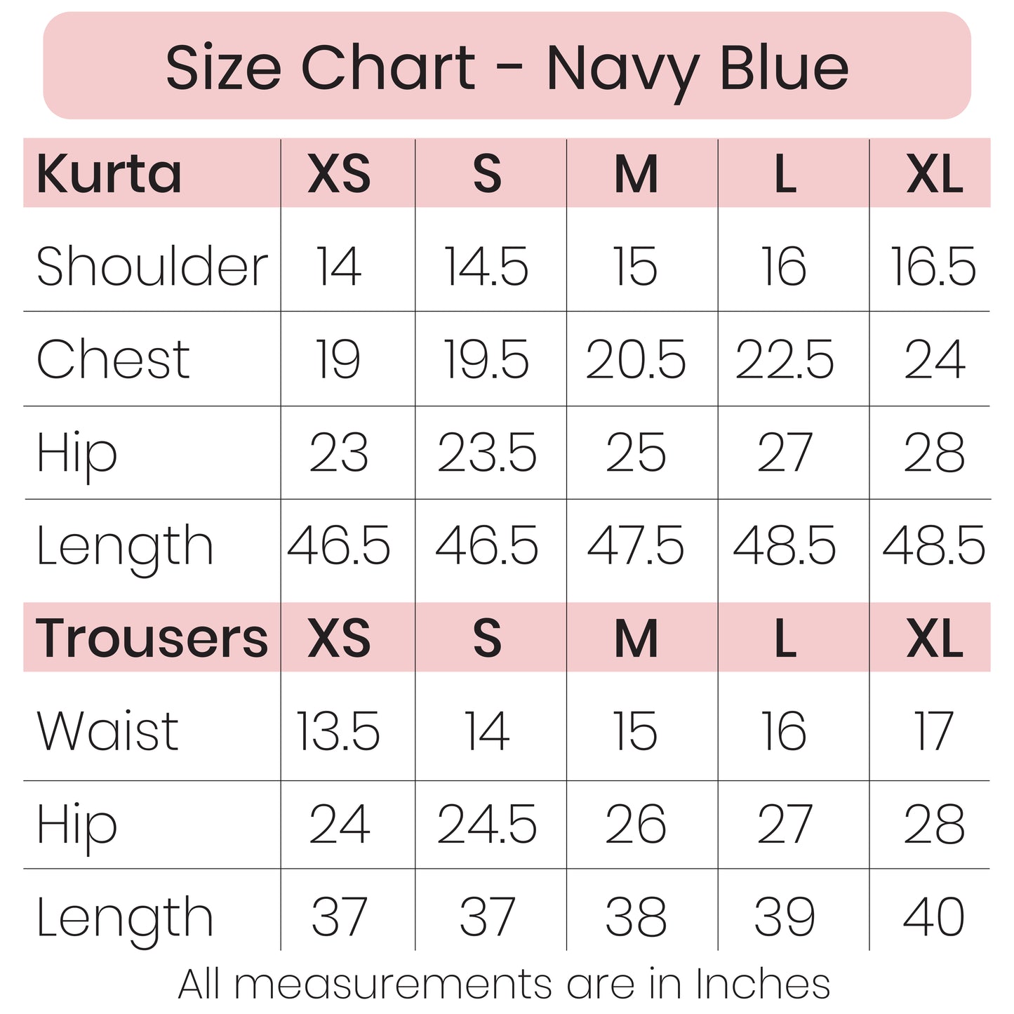 Size Chart - Navy Blue