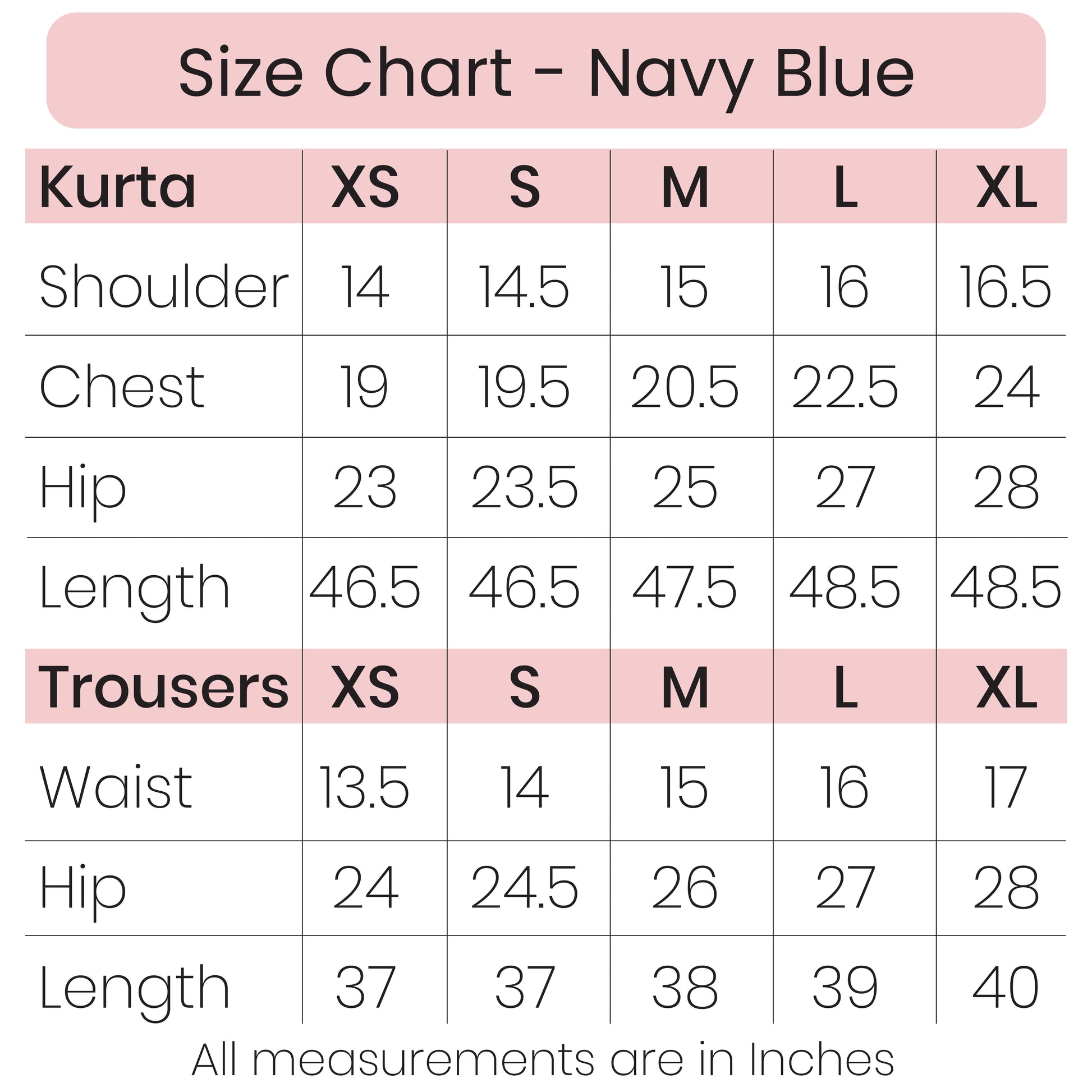 Size Chart - Navy Blue