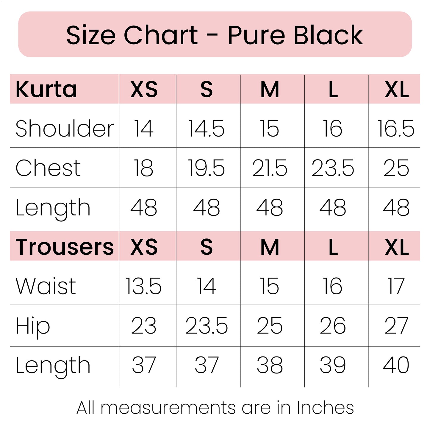 Size Chart - Pure Black