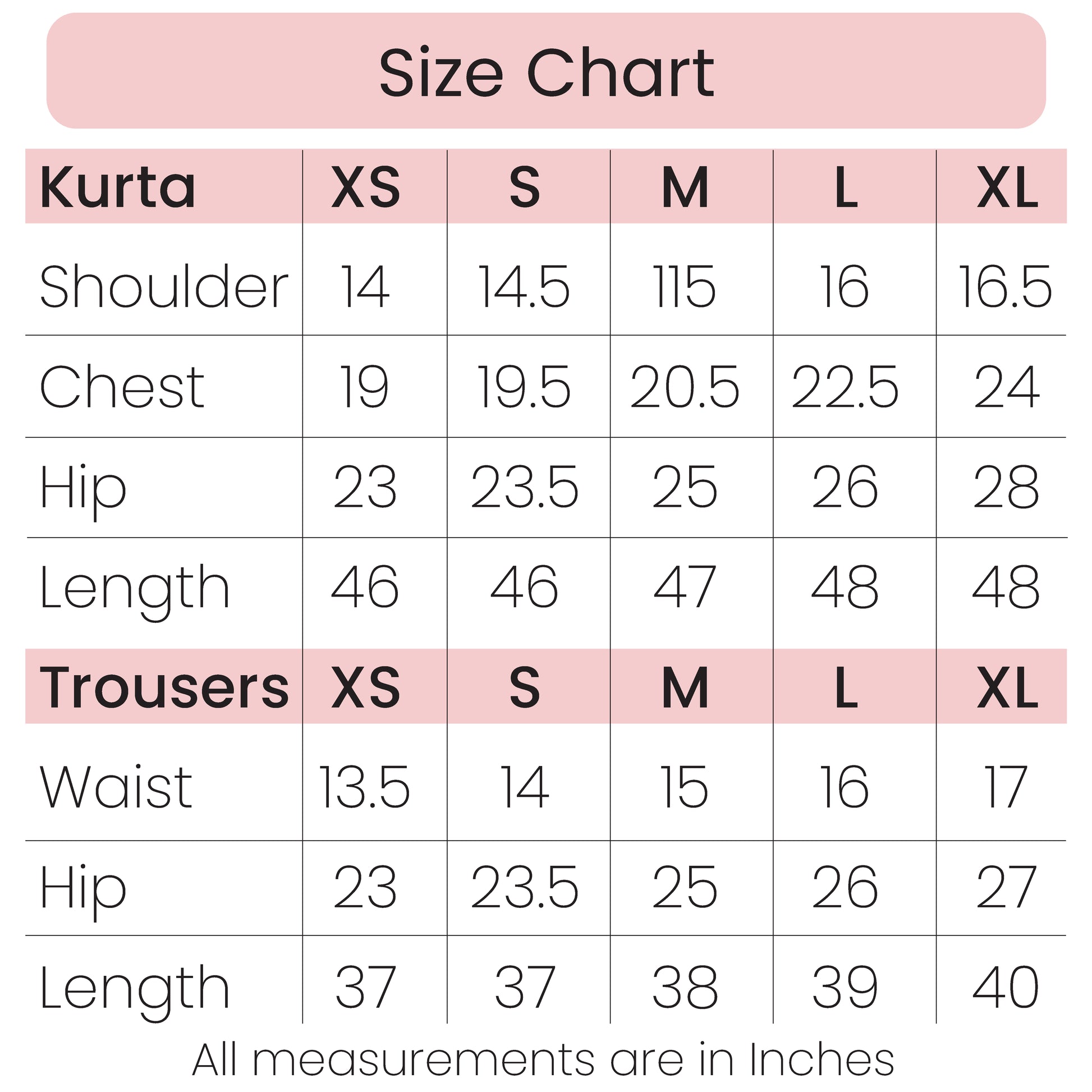 Size chart for kurta and trousers with measurements in inches on a pink background