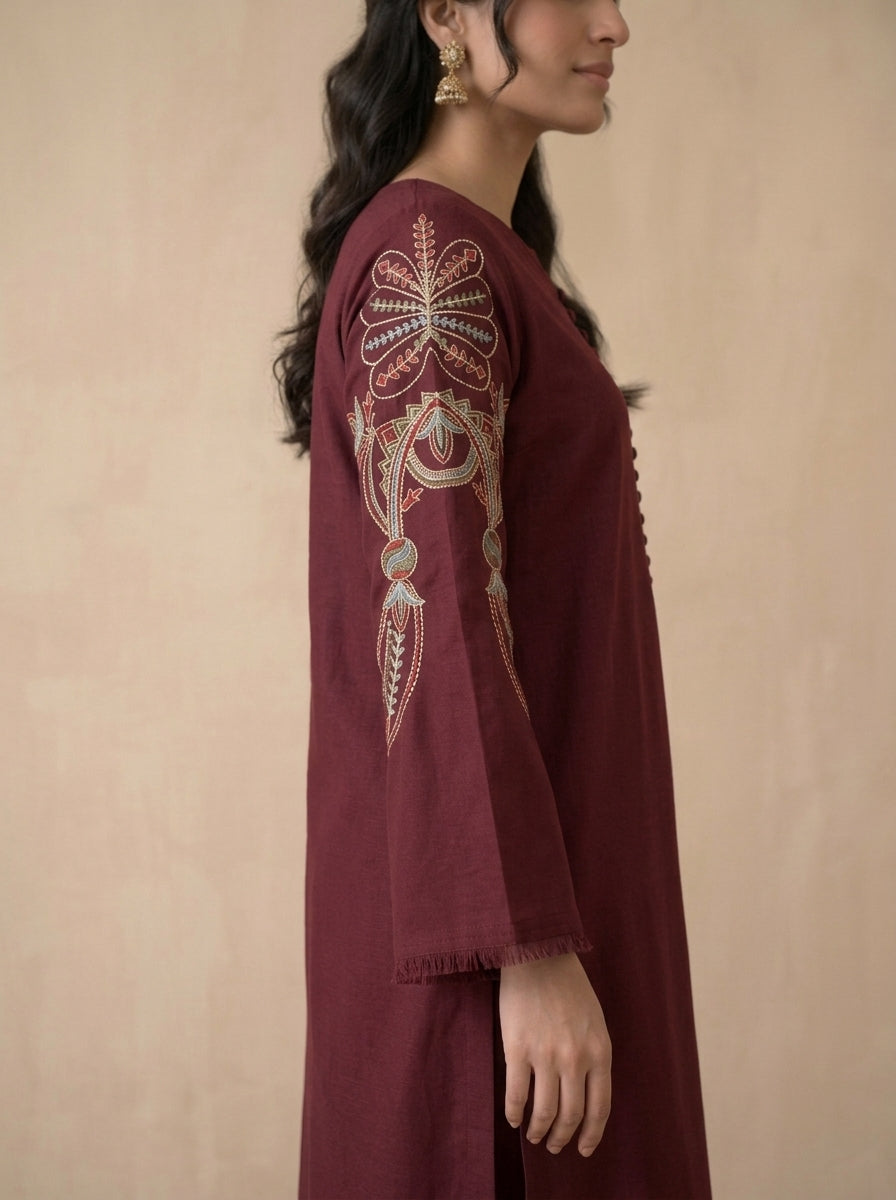Wine Heritage – 2 Piece Embroidered Maroon Dhanak Marina Suit