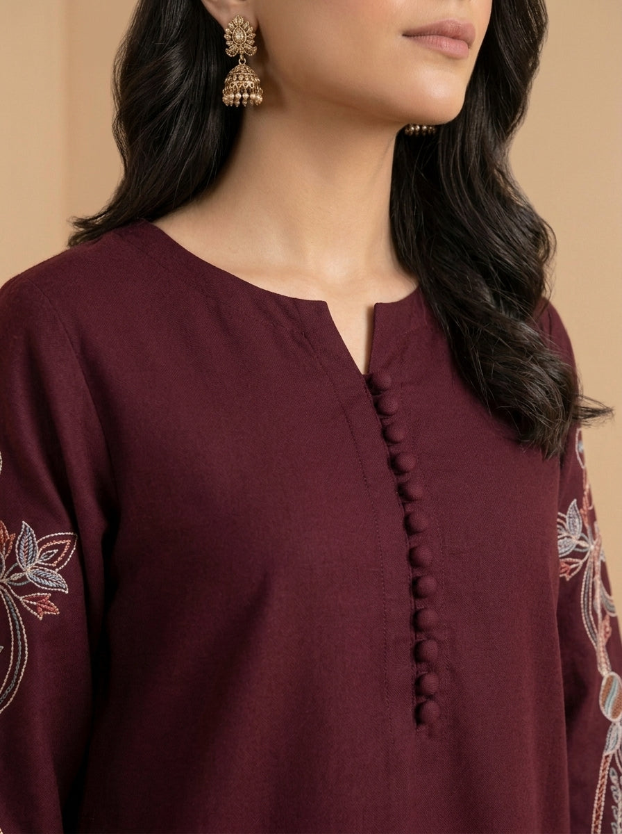Wine Heritage – 2 Piece Embroidered Maroon Dhanak Marina Suit
