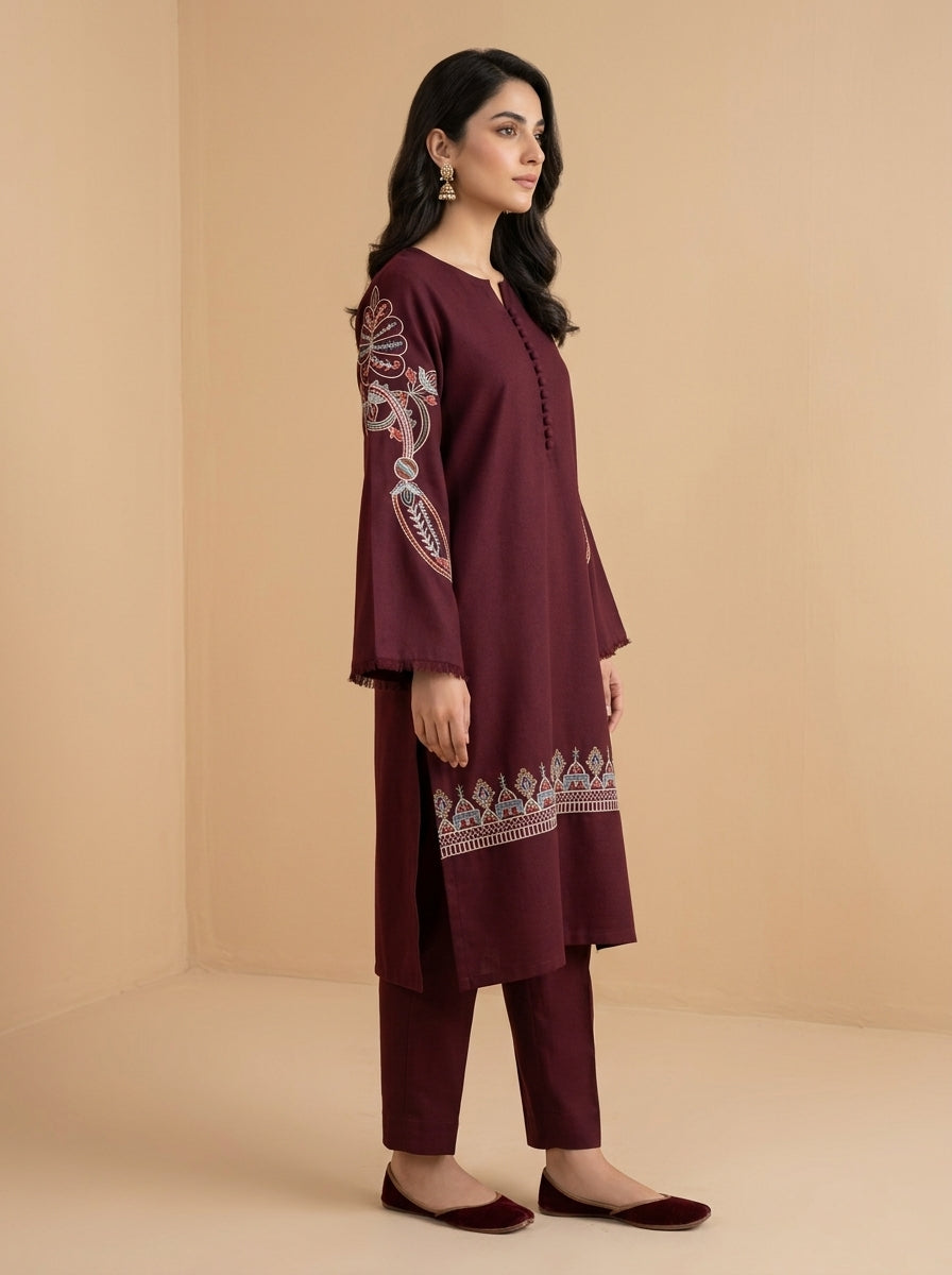 Wine Heritage – 2 Piece Embroidered Maroon Dhanak Marina Suit
