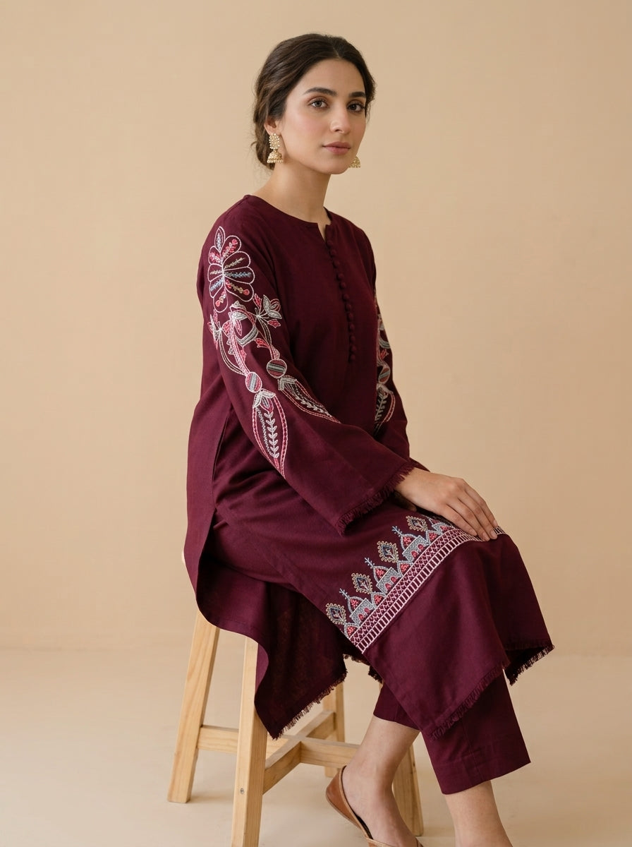Wine Heritage – 2 Piece Embroidered Maroon Dhanak Marina Suit