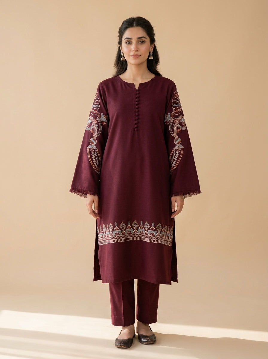 Wine Heritage – 2 Piece Embroidered Maroon Dhanak Marina Suit